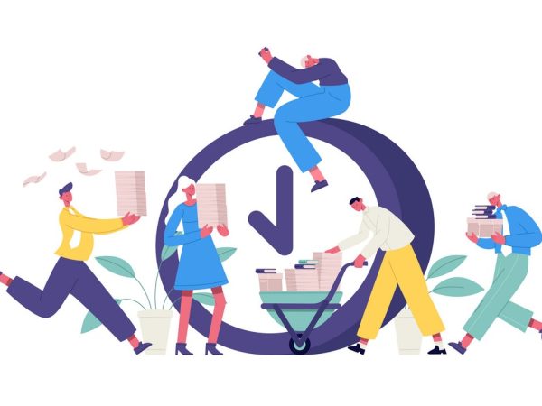 Deadline office concept. Business people rushing working process, high stress office workers. Time management overtime workers vector illustration. Office business worker, deadline process finish