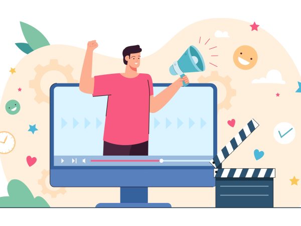 Digital creator advertising business content through video. Man on computer screen flat vector illustration. Marketing, social media or network concept for banner, website design or landing web page